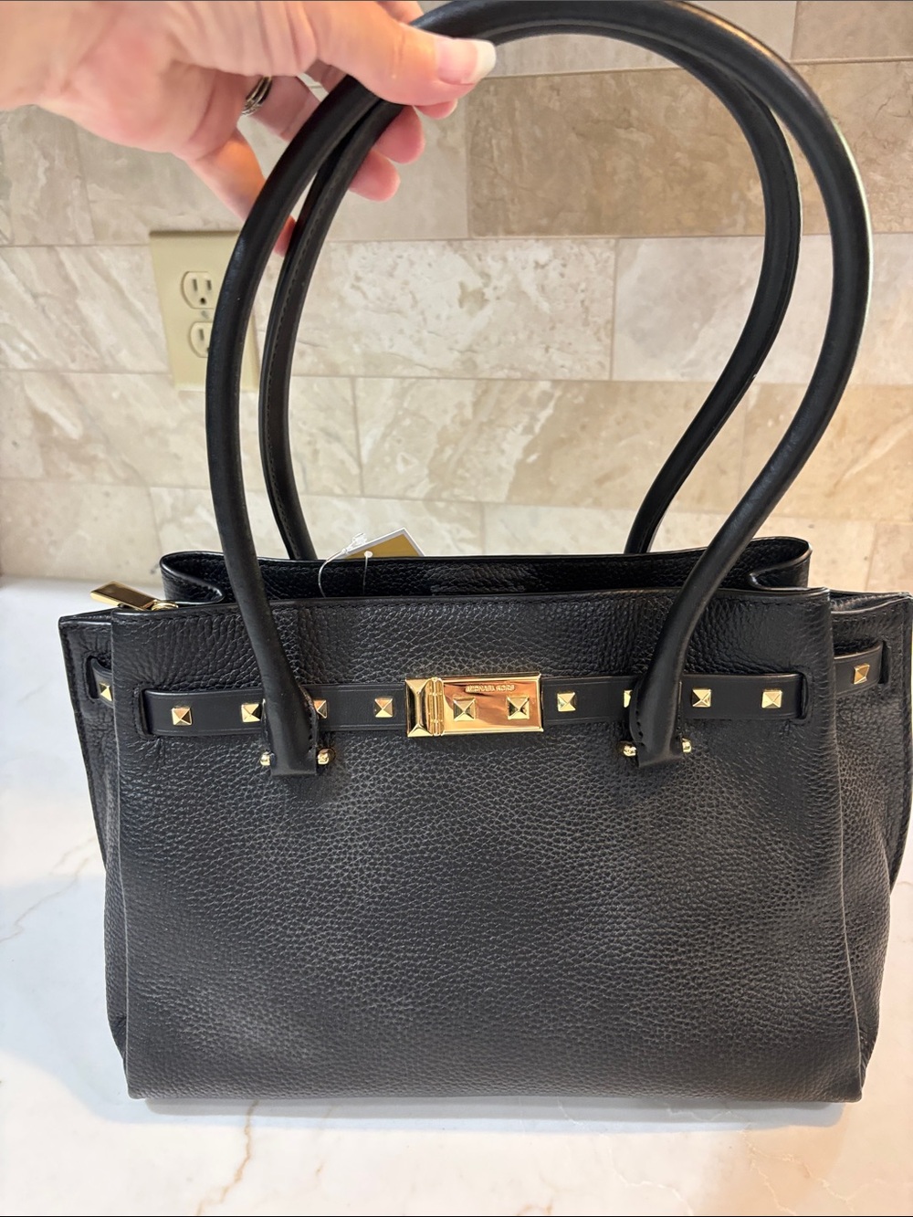 Michael Kors Addison Satchel Pebbled Leather Black Gold NWT